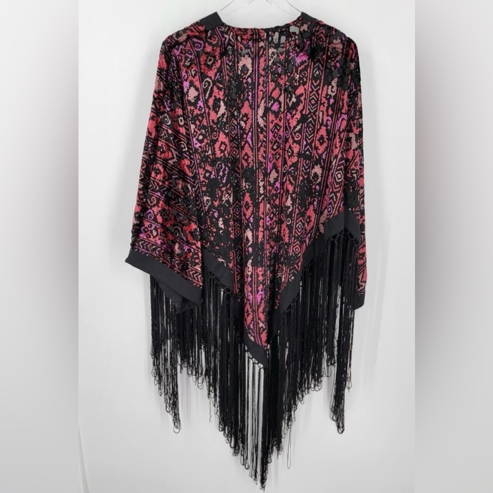 IDYLLWIND Kimono Black Pink Red Fringed Stunning Velvet Burnout Cardigan NWT 🖤💗 - Picture 14 of 16